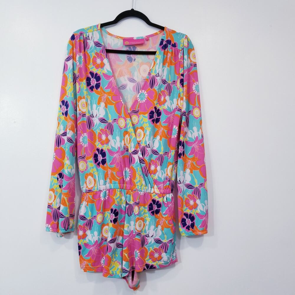 Macbeth Collection by Margaret Joseph Floral Print Romper Long Sleeves V-Neck
